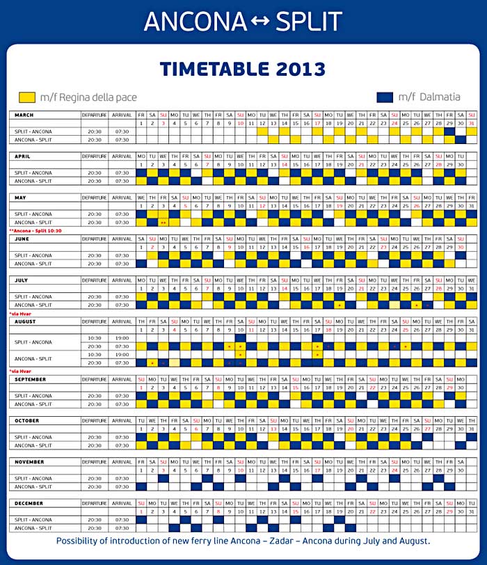 Ancona - Split Ferries Timetables for 2013: