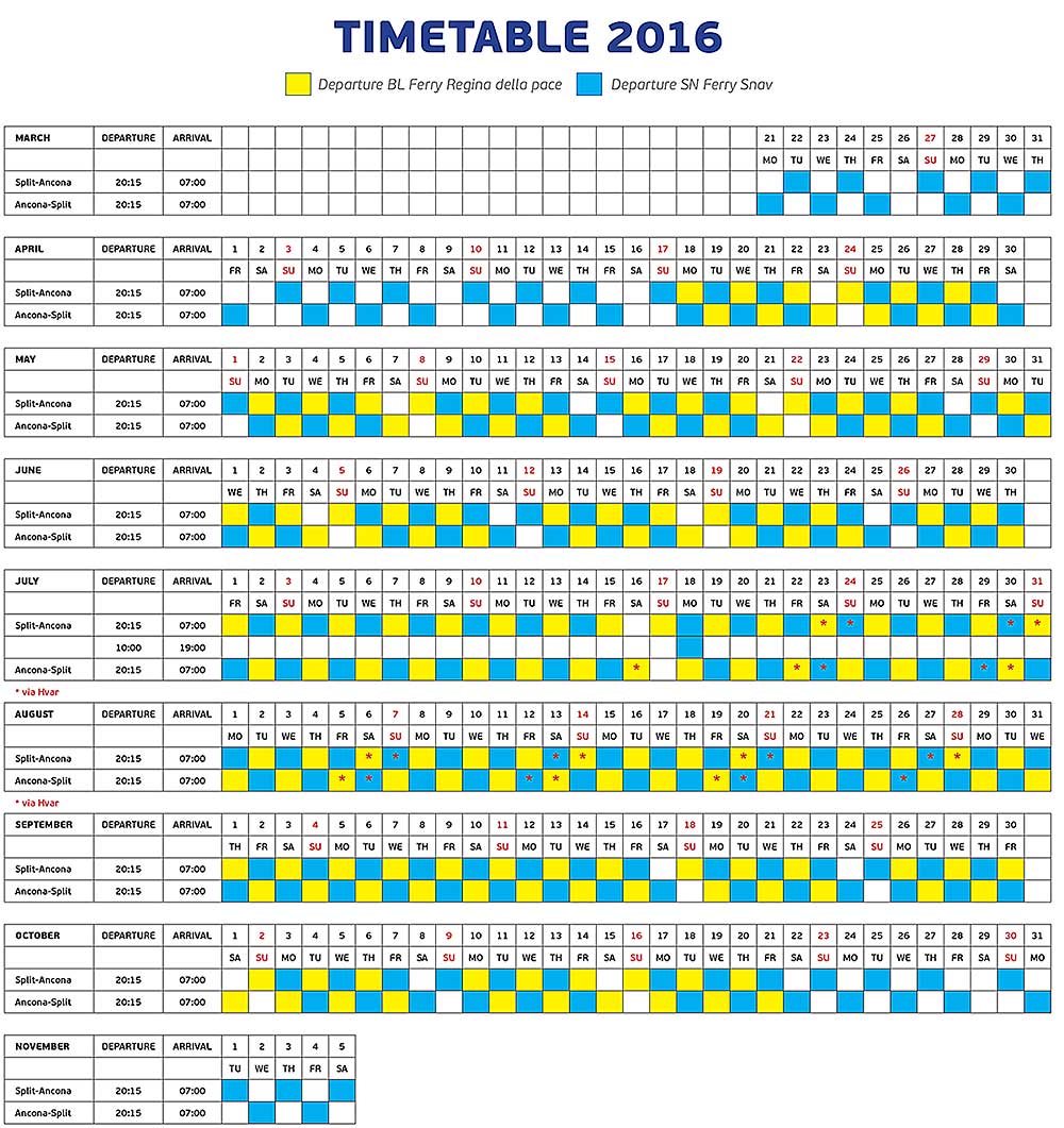 Ancona - Split Ferries Timetables for 2016