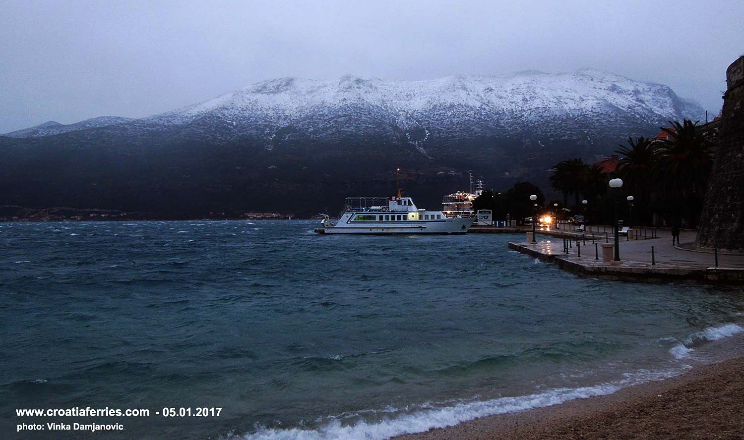 In Adriatic today: A cold front brought snow and high winds around Korcula today; foot passenger ferry Korcula - Orebic this afternoon docking in Korcula port.