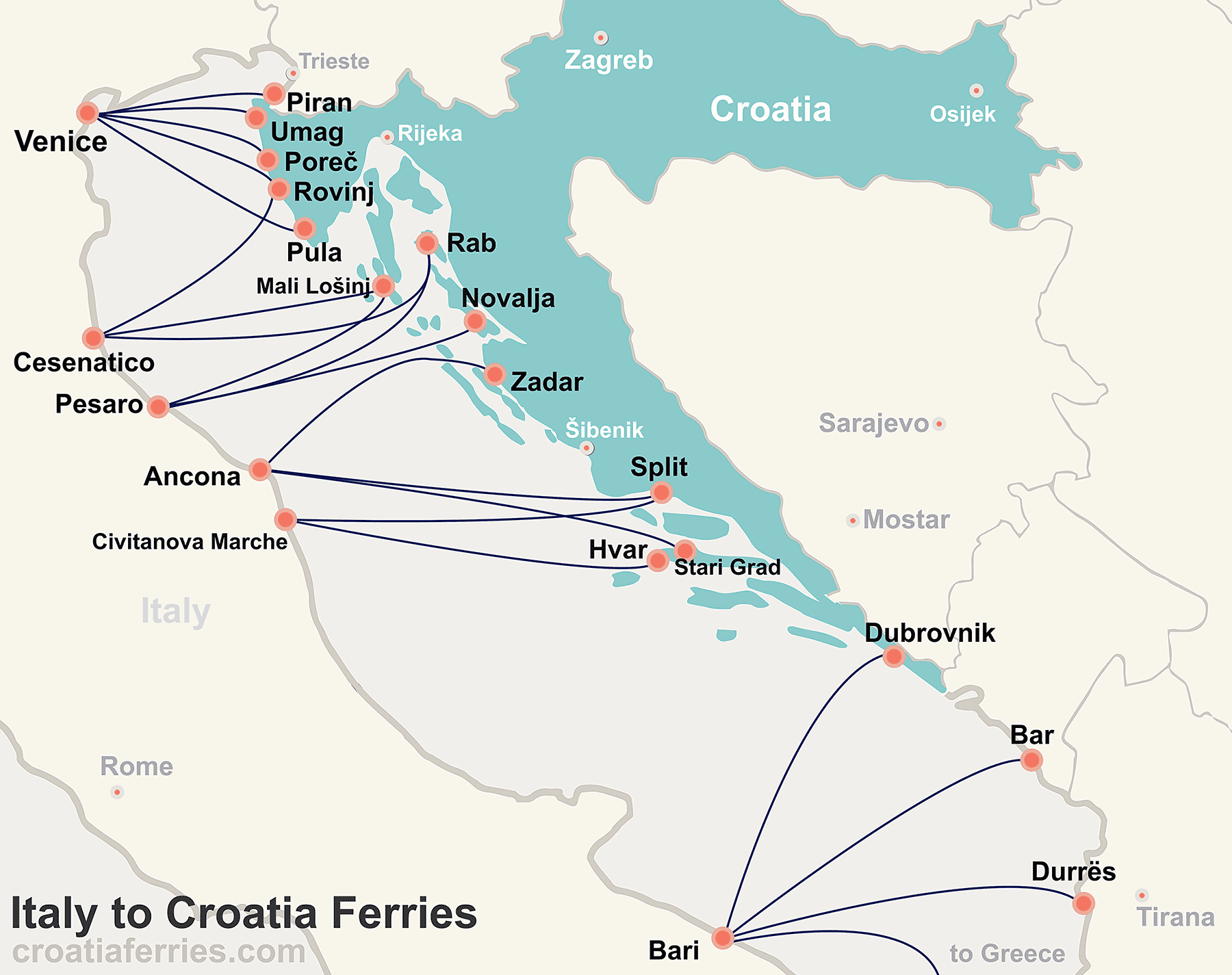 Italy to Croatia Ferry Map