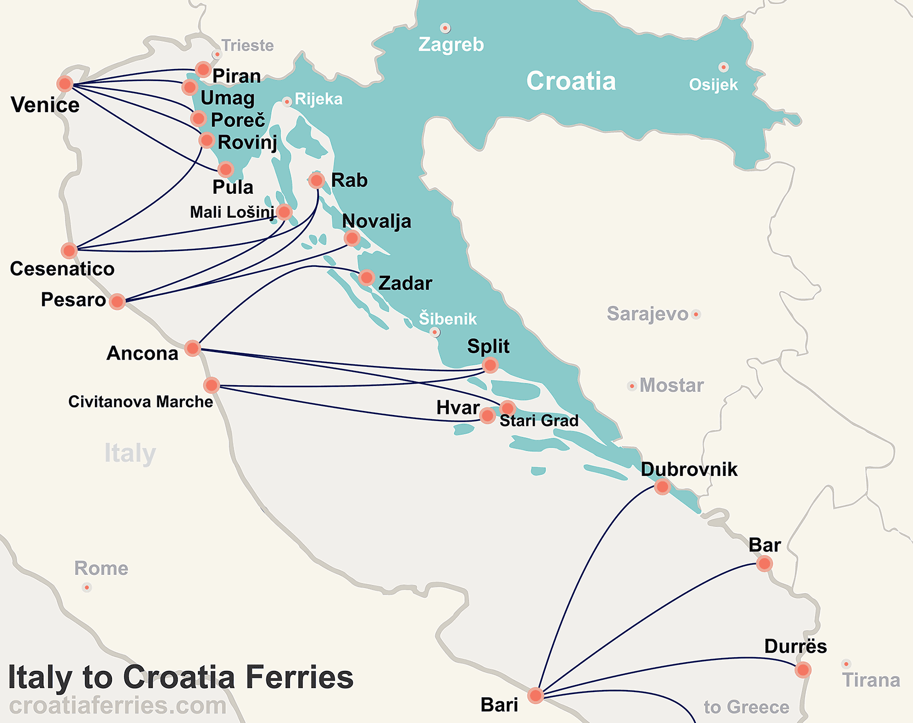 Map Of Croatian Islands And Ferries Croatia Ferries