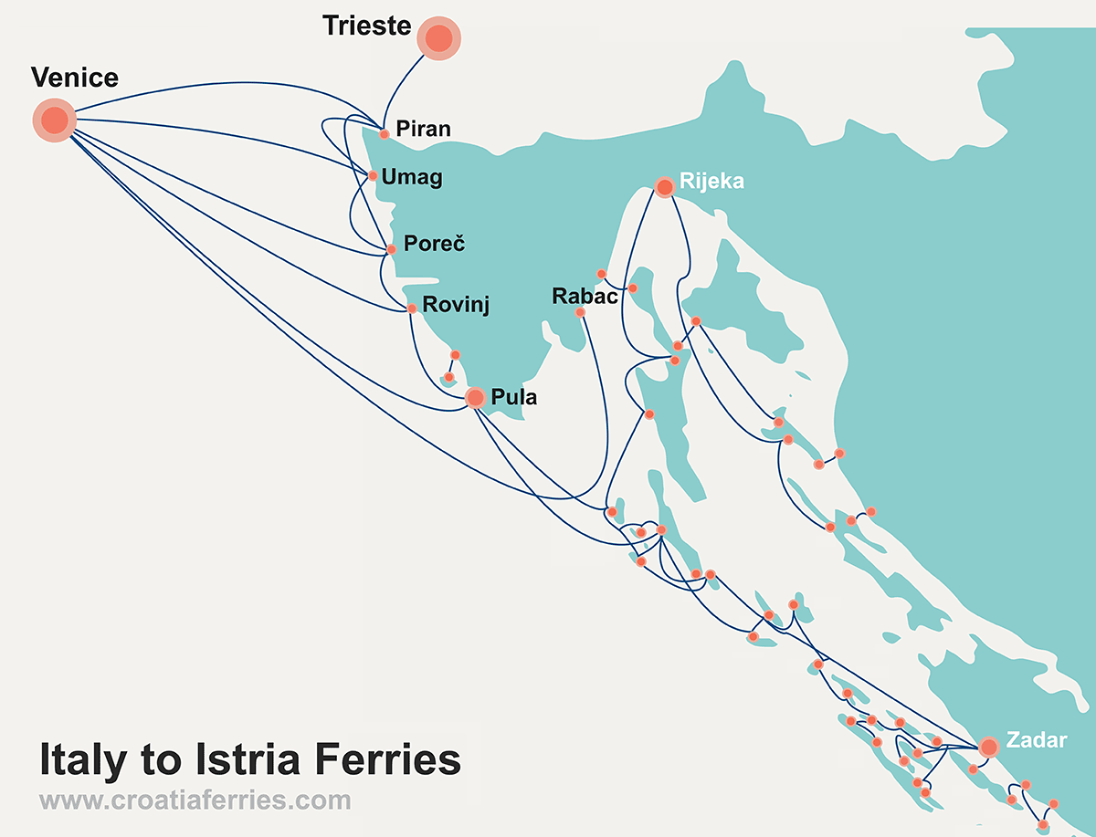 Map of ferries from Venice and Trieste in Italy to Istria, Croatia