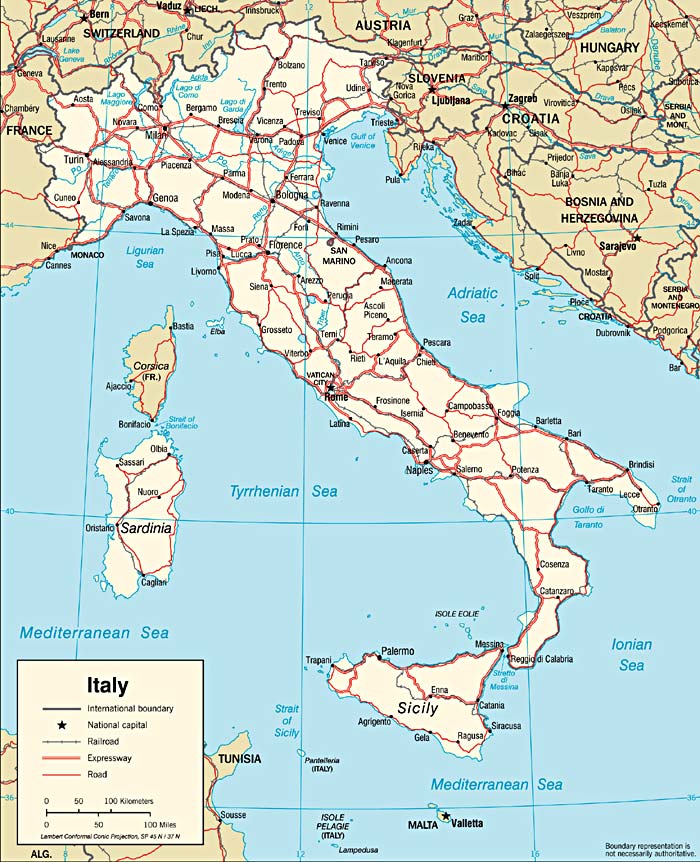 Transportation map of Italy - main roads, railways and ports