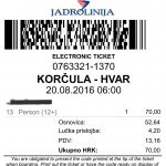 Electronic Ticket issued by Jadrolinija, August 2016
