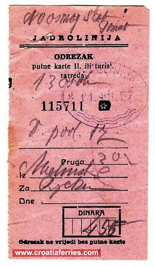Ferry Ticket Malinska (Krk) to Rijeka (1957)