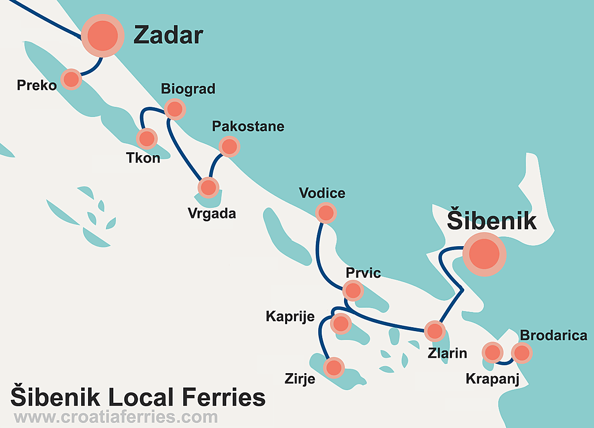 Map of Local Ferries around Šibenik islands and archipelago, Croatia