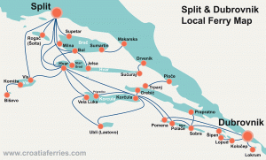 Dubrovnik, Split and Dalmatian Islands local ferry map